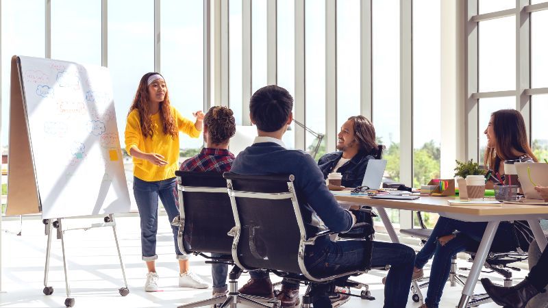 Frau hält Präsentation mit Flipchart vor Gruppe junger Menschen