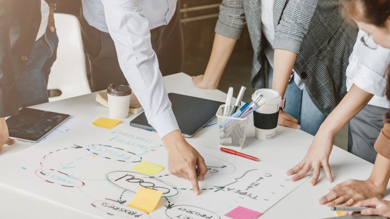 Team diskutiert über den Plan auf dem Tisch