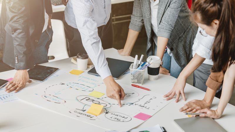 Team diskutiert über den Plan auf dem Tisch